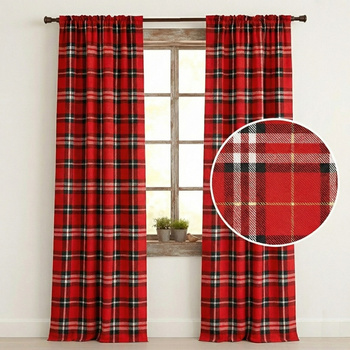 Zasłona w kratę czerwono bordową klasyczna dekoracja okna