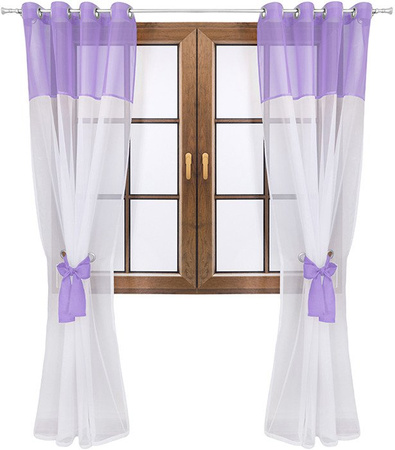 Firana dwukolorowa z woalu wiązana Lethien biało-jasnofioletowa