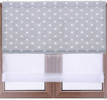 Roleta DUO podwójna rzymska z tkaniny z nadrukiem 60 wzorów i białego woalu łańcuszek