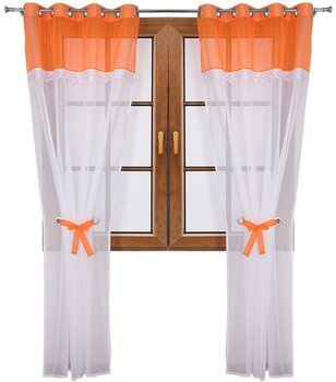 Wiązana firana duo pomarańczowa z woalu ozdobiona gipiurą Cudka