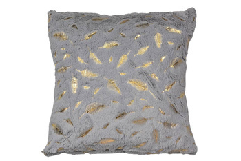 Poszewka włochacz plusz na poduszki szara w nowoczesny wzór złote piórka