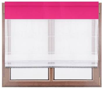 Roleta rzymska z białego woalu z pasem różowym z pomponami Lilo