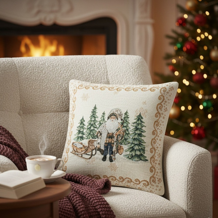 Świąteczna poszewka gobelinowa w stylu rustykalnym mikołaj w zimowym lesie