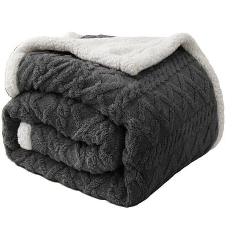 Gruby koc z barankiem narzuta pled ciepły dwustronny  wytłaczany ciemny szary