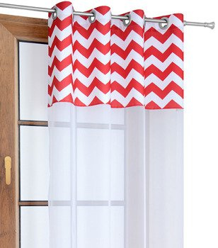 Firana duo z białego woalu i tkaniny w czerwone zygzaki Rubi 3 wzór B4