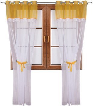 Wiązana firana duo żółta z woalu ozdobiona gipiurą Cudka