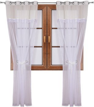 Wiązana firana duo ecru z woalu ozdobiona gipiurą Cudka