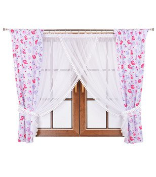 Komplet zasłon w ptaszki i firana z pluszowymi pomponami Lilo 8