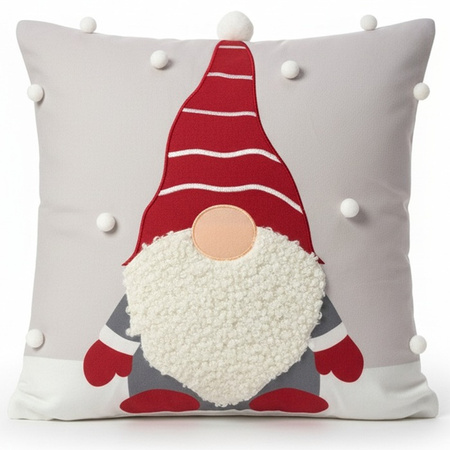 Poszewka świąteczna szara z wypukłym skrzatem i pomponami