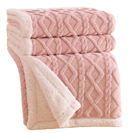 Gruby koc z barankiem narzuta pled ciepły dwustronny  wytłaczany pudrowy różowy