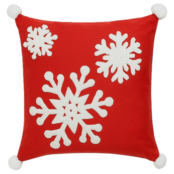 Poszewka świąteczna czerwona z wypukłymi śnieżynkami i pomponami