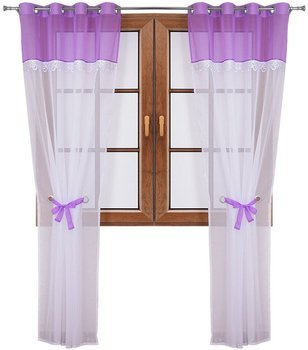 Wiązana firana duo fioletowa z woalu ozdobiona gipiurą Cudka
