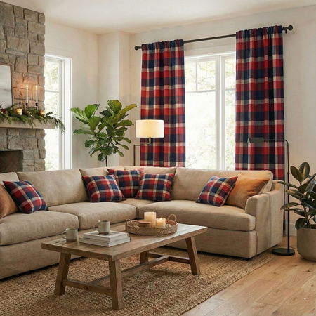 Zasłona w kratę granatowo bordową klasyczna dekoracja okna 