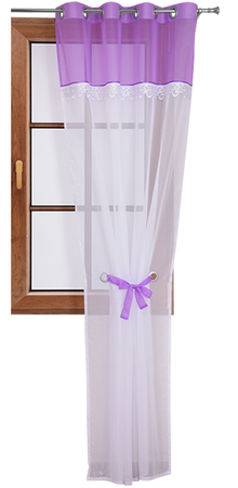 Wiązana firana duo fioletowa z woalu ozdobiona gipiurą Cudka 