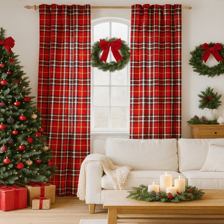 Zasłona świąteczna w kratkę czerwono bordową dekoracja okna boże narodzenie