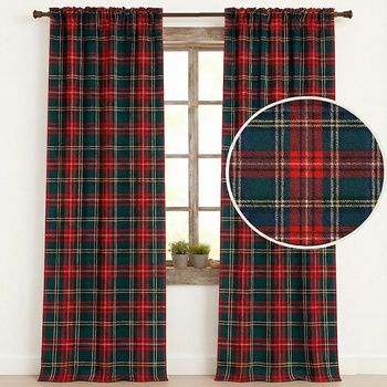 Zasłona w kratę czerwono zielona klasyczna dekoracja okna 