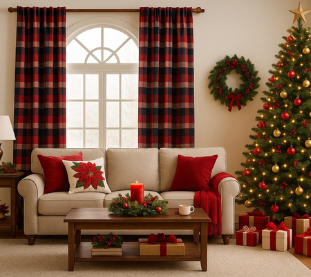 Zasłona świąteczna w kratkę granatowo bordową dekoracja okna boże narodzenie
