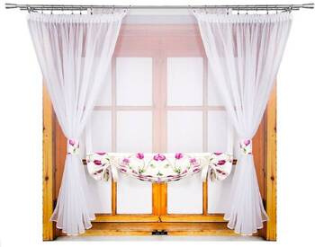 Komplet 2 firany panel z kokardkami śliczne kwiaty różowe tulipany Wenecja IV