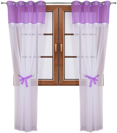 Wiązana firana duo fioletowa z woalu ozdobiona gipiurą Cudka 