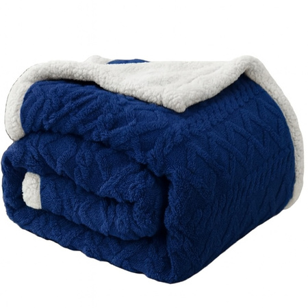 Gruby koc z barankiem narzuta pled ciepły dwustronny  wytłaczany granatowy