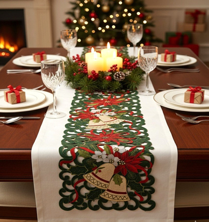 Świąteczny bieżnik zielony z złotymi dzwonkami i gwiazdą betlejemską