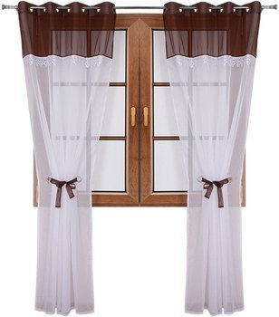 Wiązana firana duo brązowa z woalu ozdobiona gipiurą Cudka