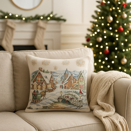 Świąteczna poszewka gobelinowa w stylu rustykalnym ośnieżona wioska