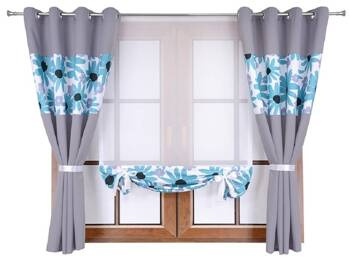 Komplet zasłony duo kwiaty turkus J2 panel z woalu Cindy 5