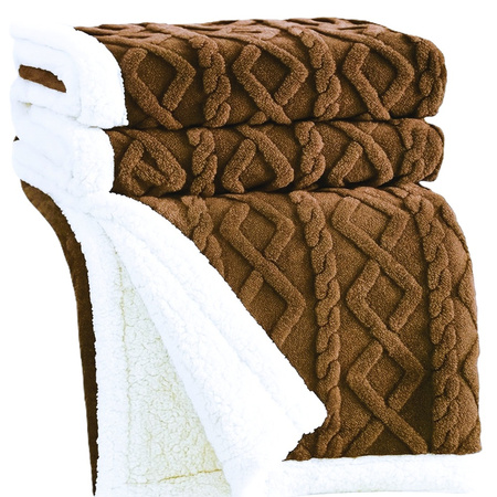 Gruby koc z barankiem narzuta pled ciepły dwustronny  wytłaczany brązowy