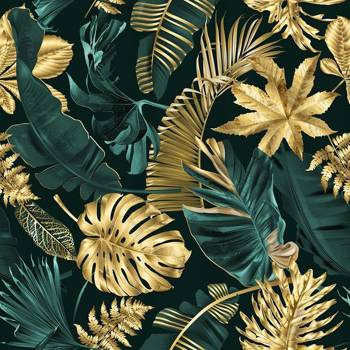Materiał na metry z nadrukiem monstera złota butelkowa zieleń wzór W1 na zasłony