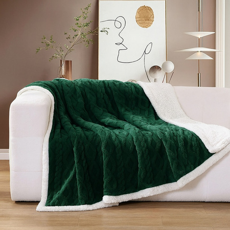 Gruby koc z barankiem narzuta pled ciepły dwustronny  wytłaczany butelkowa zieleń