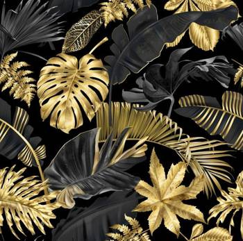 Materiał na metry z nadrukiem monstera złota czarna wzór W1 na zasłony