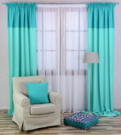 Stylowa zasłona duo chłodny beż z pasem na górze granatowym Massa