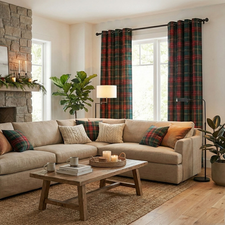 Zasłona w kratę czerwono zielona klasyczna dekoracja okna 