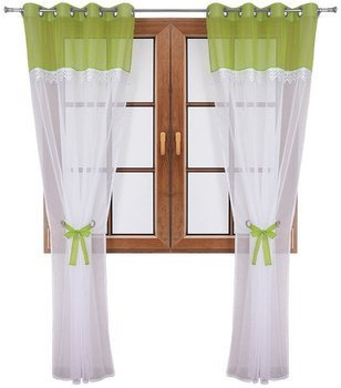 Wiązana firana duo zielona z woalu ozdobiona gipiurą Cudka