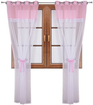 Wiązana firana duo jasno różowa z woalu ozdobiona gipiurą Cudka