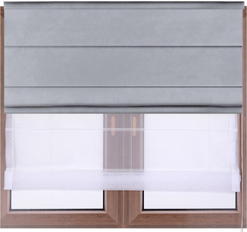 Roleta rzymska DUO z aksamitnego weluru jasno szara i białego woalu łańcuszek