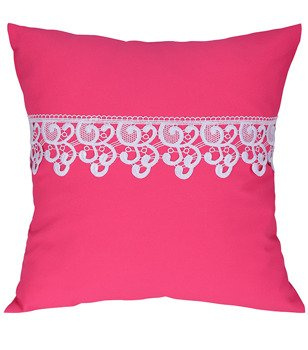 Poszewka z tkaniny matowej  ozdobiona gipiurą ciemno różowa