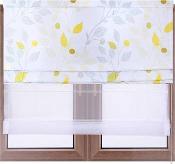 Podwójna roleta DUO rzymska z tkaniny matowej z nadrukiem wzory i białego woalu