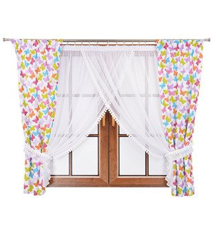 Komplet zasłon w motylki i firana z pluszowymi pomponami Lilo 8