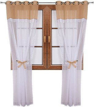 Wiązana firana duo beżowa z woalu ozdobiona gipiurą Cudka