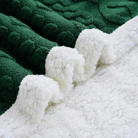 Gruby koc z barankiem narzuta pled ciepły dwustronny  wytłaczany butelkowa zieleń