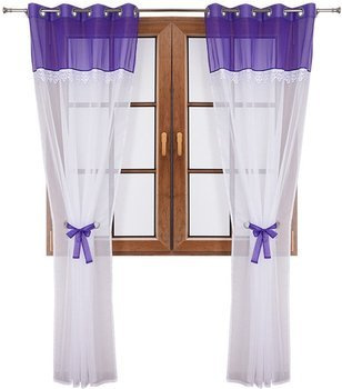 Wiązana firana duo ciemno fioletowa z woalu ozdobiona gipiurą Cudka