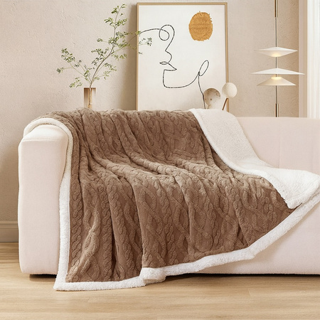 Gruby koc z barankiem narzuta pled ciepły dwustronny  wytłaczany brązowy