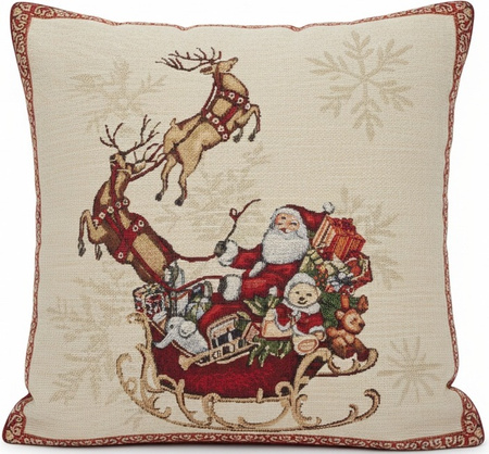 Świąteczna poszewka gobelinowa w stylu rustykalnym mikołaj z saniami