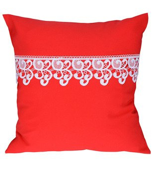 Poszewka z tkaniny matowej  ozdobiona gipiurą czerwona