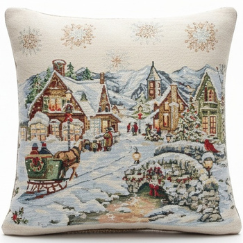 Świąteczna poszewka gobelinowa w stylu rustykalnym ośnieżona wioska