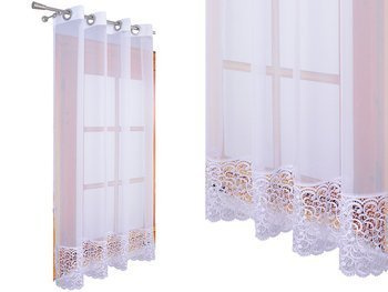 Elegancka firana z białego woalu ozdobiona szeroką gipiurą Ida III