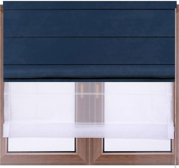 Roleta rzymska DUO z aksamitnego weluru granatowa i białego woalu łańcuszek