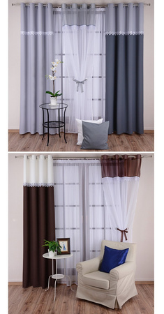 Wiązana firana duo fioletowa z woalu ozdobiona gipiurą Cudka 